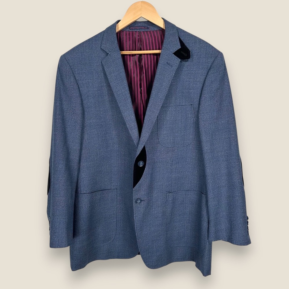Stone Rose Red Rivet Wool Silk Sport Coat Men 46R Blue Black Elbow Patches
